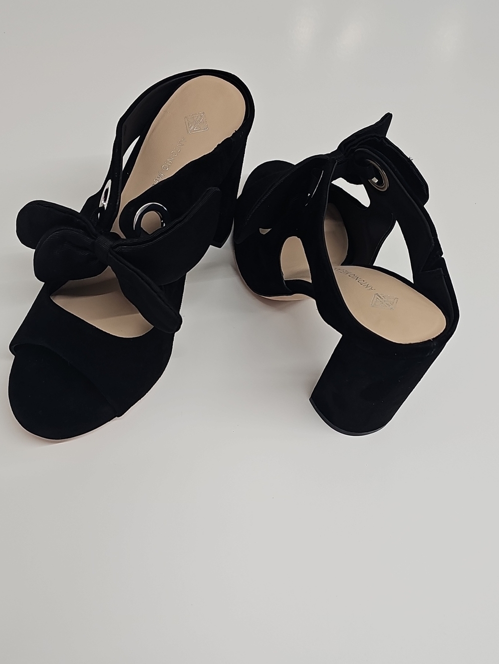 ANTONIO MELANI Glorian Black Suede Bow Block Heel Sandals 8.5